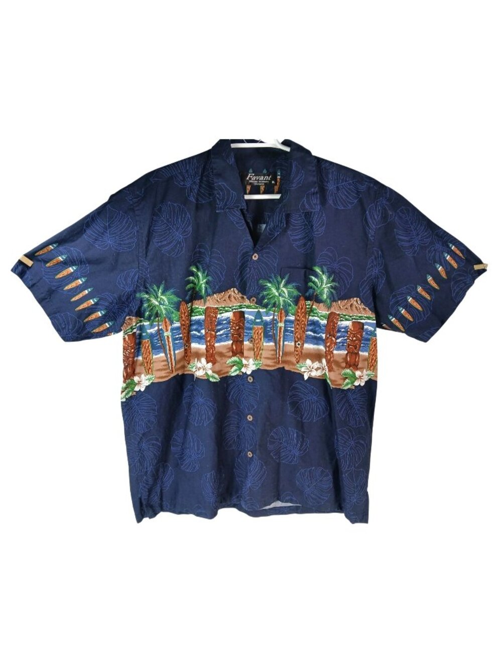 Favant Hawaiian Shirt XL Surfboard Tiki Aloha Print Navy Button-Up 100% Cotton